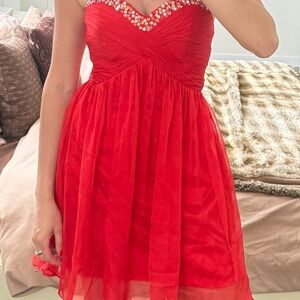 Red Strapless Dress with Beaded Neckline